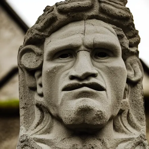 Prompt: grotesque stone gargoyle in the shape of jesus extending from the top of a building, medium closeup, sundown, photo by f - stop fitzgerald