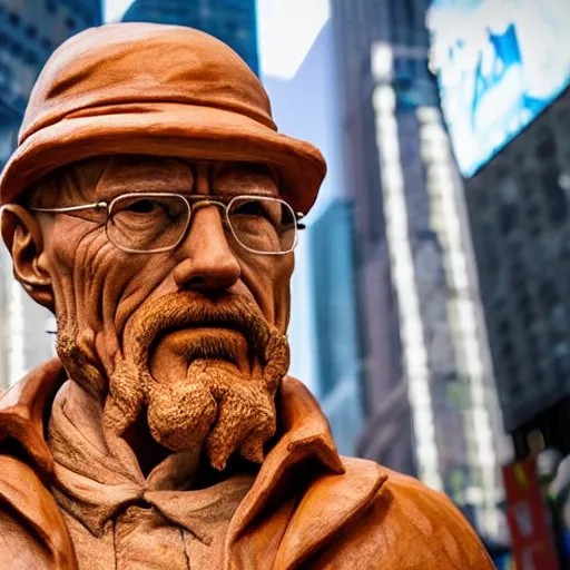 Image similar to extreme long - shot of a very detailed renaissance clay sculpture of walter white wearing a phrygian cap in times square, made by michelangelo, shot from the distance, hyper detailed, sharp focus, 8 k resolution, ray tracing