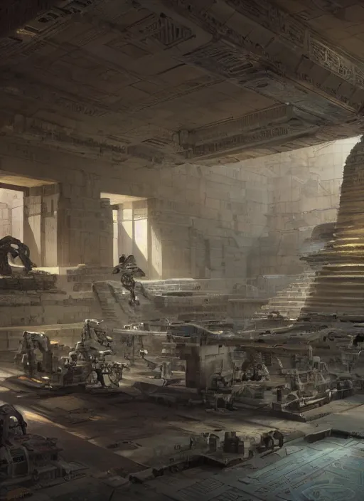 Image similar to sci fi robot repairshop inside of an egyptian temple, james gurney, katsuhiro otomo, james paick, cinematic lighting, artstation, craig mullins, greg rutkowski, pete morbacher, tuomas korpi, volumetric light, artstation, octane render, redshift render, low angle camera, intricate, 8 k -