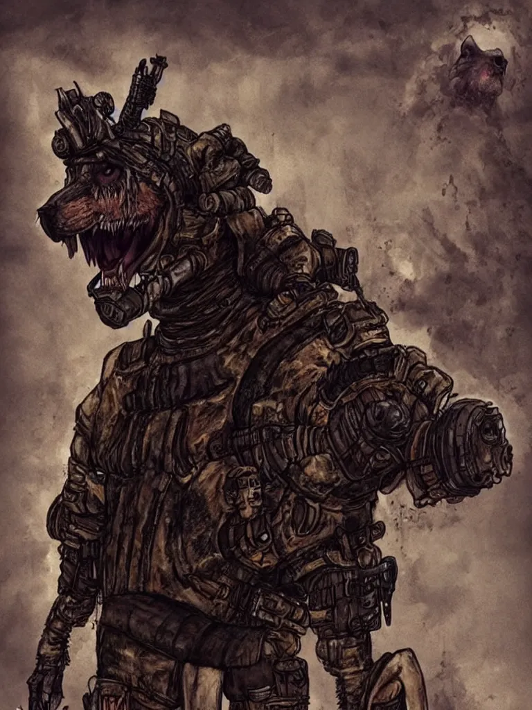 Image similar to a good ol'hound dog fursona ( from the furry fandom ), heavily armed and armored facing down armageddon in a dark and gritty version from the makers of mad max : fury road. witness me.