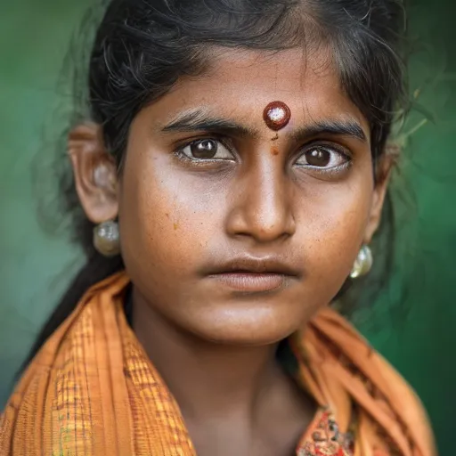 Image similar to the round shaped face of a lightly tanned, young indian woman is looking directly at the camera. She has short auburn fringed hair, small nose, full lips, dark green eyes, freckles. Portrait photography in the style of Steve Mccurry, 8K HD.