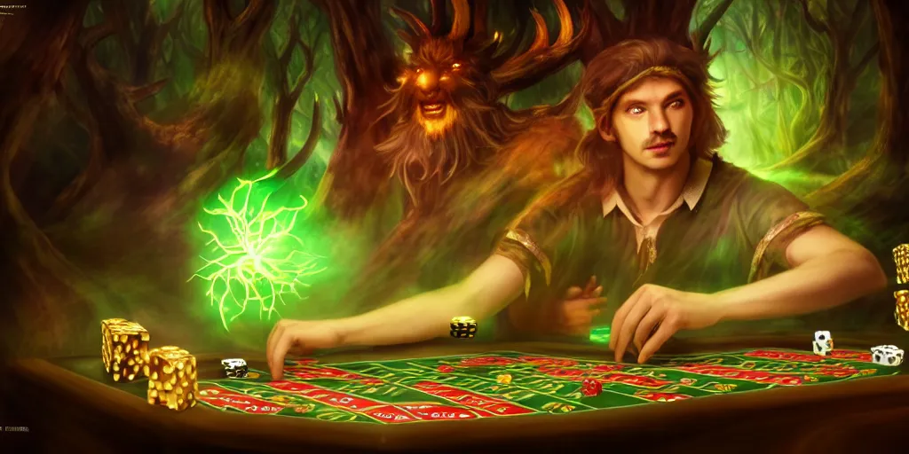 Image similar to a mythical, magical forest spirit wizard rolling d 6 casino dice, glowing energy, fantasy magic, by willian murai and jason chan and marco bucci, hyper detailed and realistic, illustration, sharp focus, cinematic, rule of thirds, foresthour