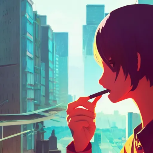 Prompt: portrait of A teenager smoking, city background, rich vivid colors, ambient lighting, dynamic lighting, 4k, HQ, official media, anime key visual, makoto shinkai, ilya kuvshinov, lois van baarle, rossdraws, detailed, trending on artstation