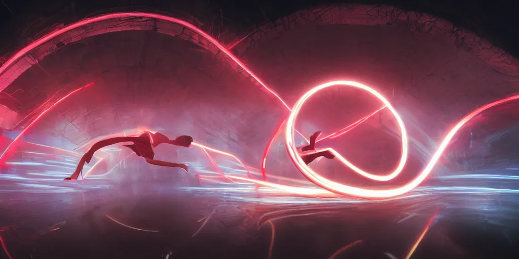 Prompt: slow motion with trail effect of futuristic break dancer made by liquid, long exposure shot , at night there is fog and a giant red neon triangle emitting energy, paddle of water, steam, water splashes, rim lights, glossy reflections, water droplets on lens, octane render, detailed and soft, 10mm fisheye