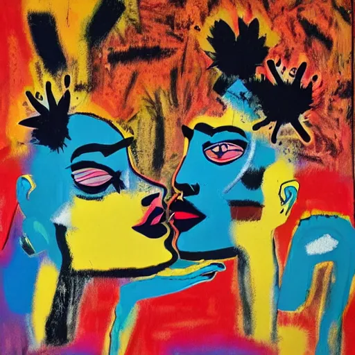 Image similar to acrylic painting of two bizarre psychedelic women kissing in japan in autumn, speculative evolution, mixed media collage by basquiat and jackson pollock, maximalist magazine collage art, sapphic art, psychedelic illustration