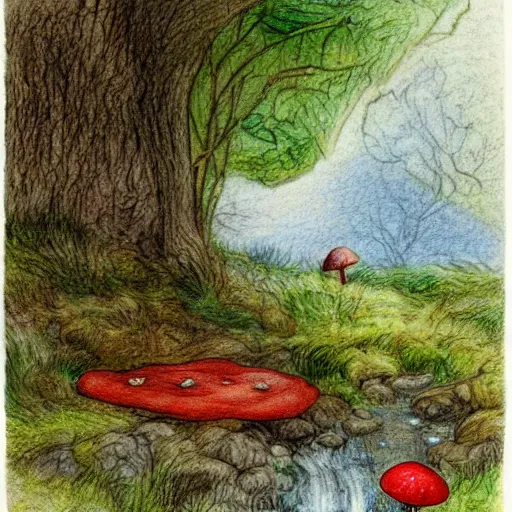 Prompt: illustration of a wooded scene with a small stream in the distance and a red mushroom in the foreground, coloured pencil drawing, highly detailed, beatrix potter