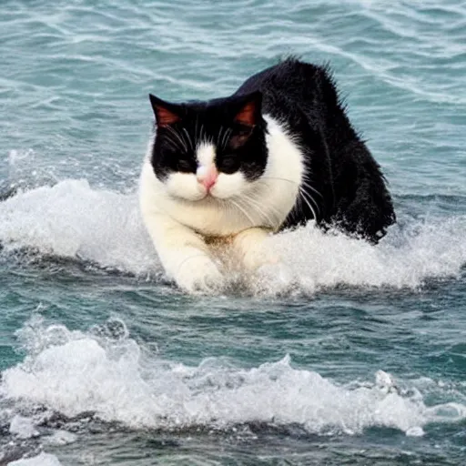 Prompt: extremely fat cat emerging from ocean,