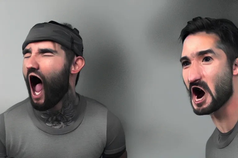 Image similar to cr 1 tikal screaming at the top of his lungs, photorealistic, 8 k