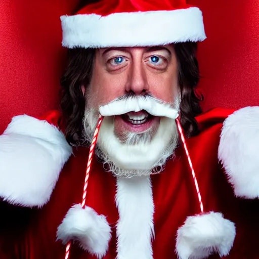 Image similar to portrait of dave grohl as santa claus, studio lighting, dramatic lighting, clear photography, high quality studio photography. 8 k cinematic colors