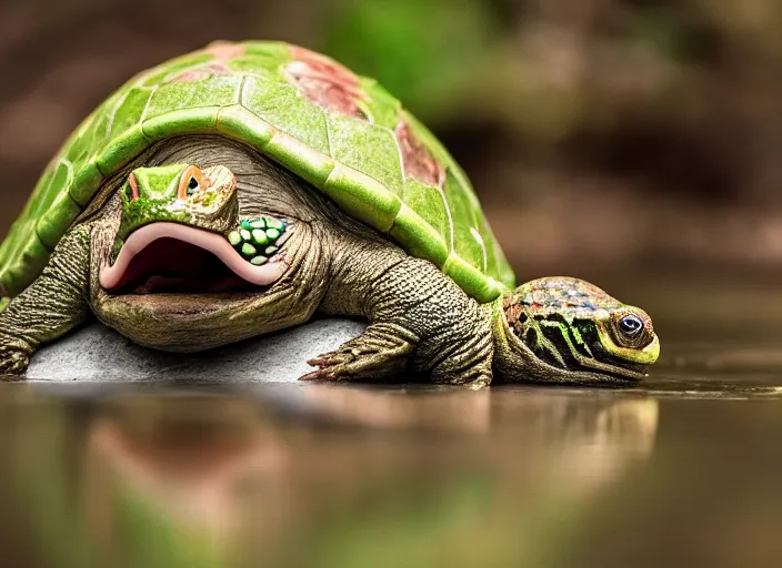 Prompt: national geographic wildlife photo of real life yoshi yoshi in real life in the wild, dinosaur turtle, 8 k, 8 5 mm f 5. 6