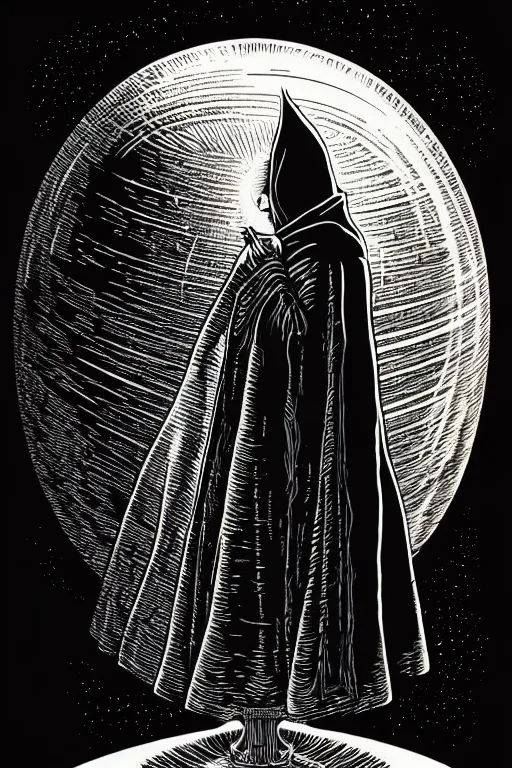 Image similar to wizard in a hooded cloak gazing into a crystal ball, high details, intricately detailed, by vincent di fate, inking, 3 color screen print, masterpiece, trending on artstation, side profile, sharp, details, hyper - detailed, hd, 4 k, 8 k