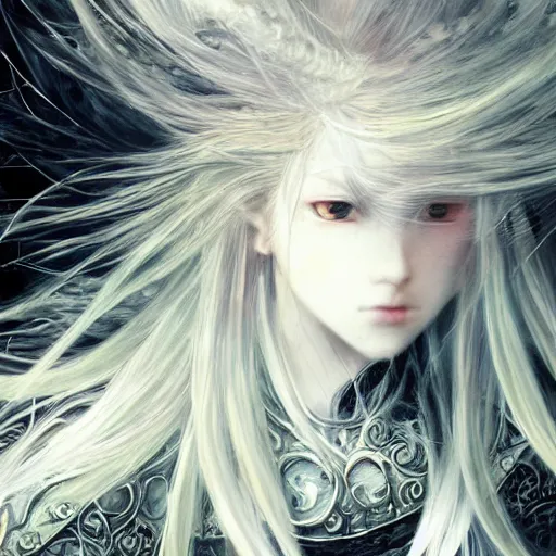 Prompt: yoshitaka amano blurred and dreamy realistic illustration of an anime girl with wavy white hair fluttering in the wind and cracks on her face wearing elden ring armour with the cape, abstract black and white patterns on the background, noisy film grain effect, highly detailed, renaissance oil painting, weird portrait angle