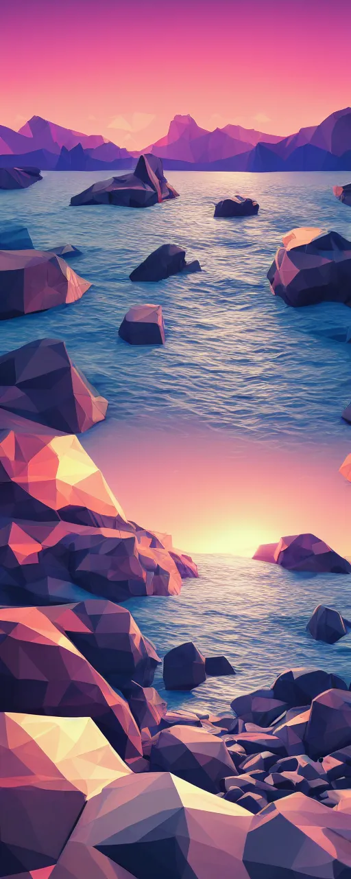 Prompt: super detailed color lowpoly art, northern sunset with rocks on front, monochrome photorealistic bay in the middle of perspective and mountains at background, big graphic vessel in random point of bay, unreal engine, retrowave color palette, 3 d render, lowpoly, colorful, digital art, perspective