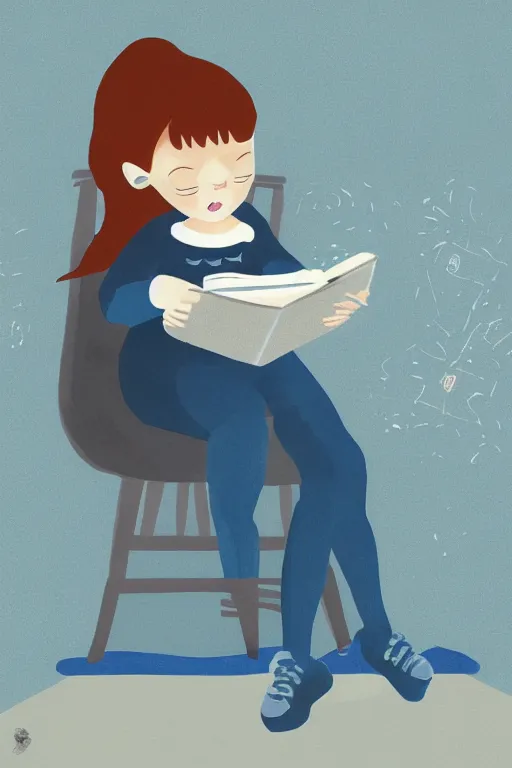 Image similar to a digital painting of a girl reading a book with a cat in A comfortable study room at night,JK uniform ,Hairdryer,blue theme,geometric shapes,S line,hard edges, by anmi and reoenl