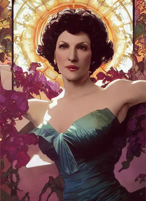 Image similar to a painting of majel barrett as lwaxana troi. beautiful art by artgerm and greg rutkowski and alphonse mucha