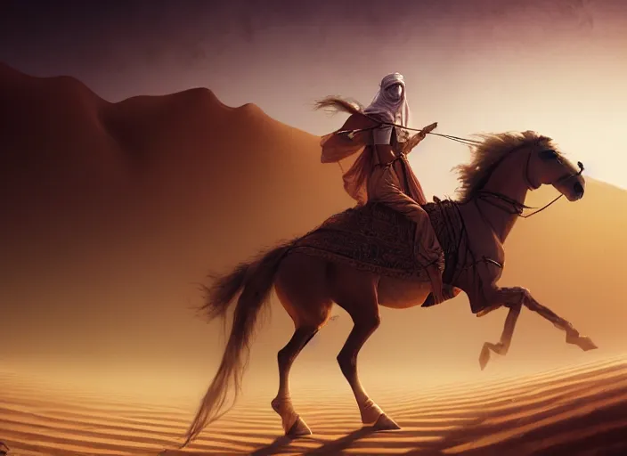 Prompt: arabian knight on arabian horse in the desert, sand environment, illustration, symmetrical, smoky, unreal engine, colors, epic scene, fantasy art by greg rutkowski,, golden raito, high quality, intricate details, details, intricate, atmosphere, highly detailed, matte painting, cinematic, deviantart, realistic, concept art, 4 k