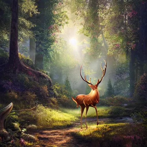 Image similar to hyper realistic beautiful fantasy elven celestial stag, in a magical and beautiful highly detailed forest background. sunlight rays throught the trees. concept digital art 8 k rendering.