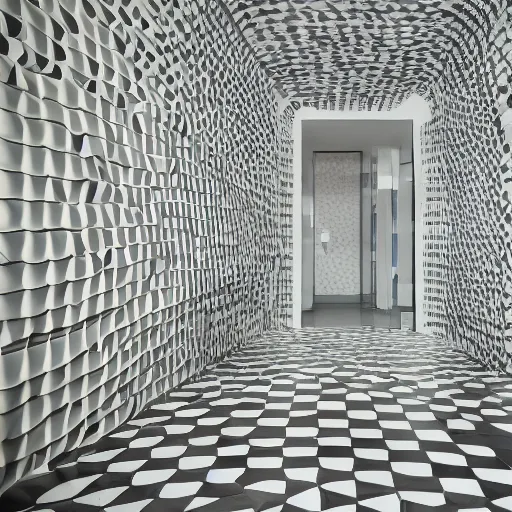 Image similar to photo of a bizarre oddly-shaped interior covered by ceramic white tiles with shallow water everywhere