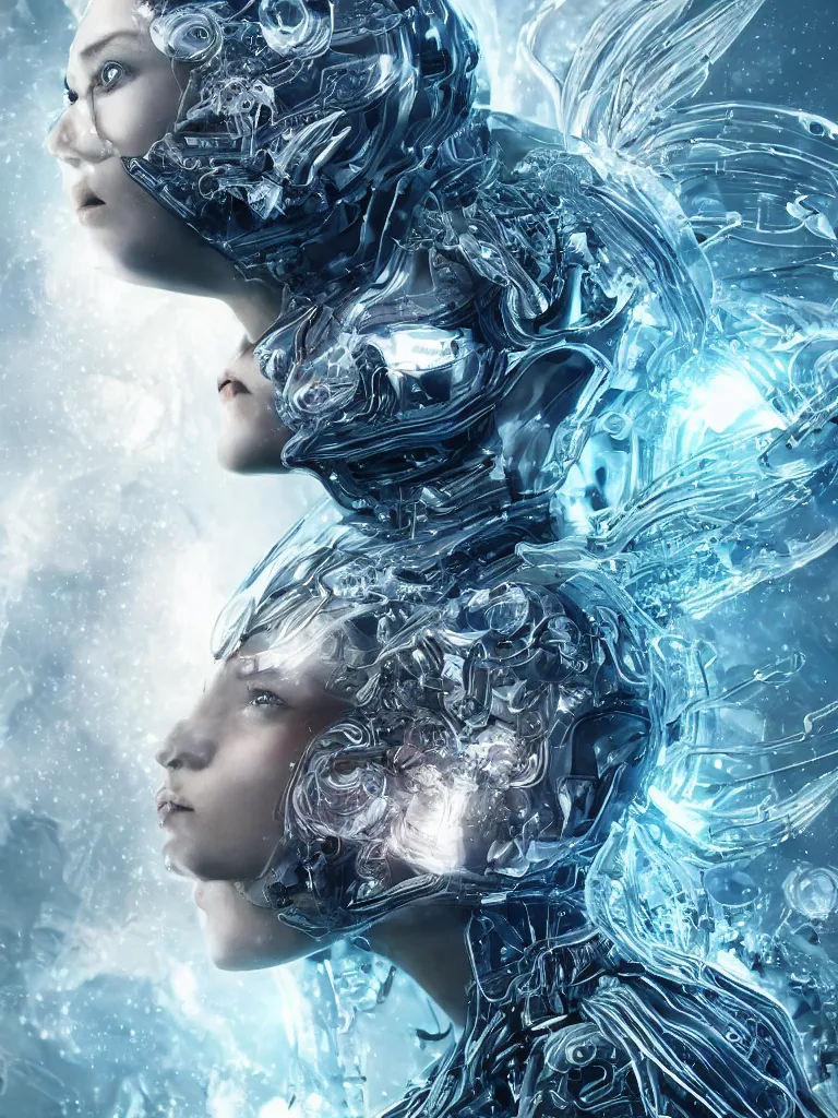 Prompt: epic futuristic close-up macro portrait of the face of a beautiful queen, epic angle and pose, symmetrical artwork, 3d with depth of field, blurred background, cybernetic jellyfish crystal, obsidian, female face skull phoenix bird, translucent, nautilus, energy flows of water and fire. a highly detailed epic cinematic concept art CG render , made in Maya, Blender and Photoshop, octane render, excellent composition, cinematic dystopian brutalist atmosphere, dynamic dramatic cinematic lighting, aesthetic, very inspirational, arthouse, by Greg Rutkowski, Ilya Kuvshinov, WLOP, Stanley Artgerm Lau, Ruan Jia and Fenghua Zhong.