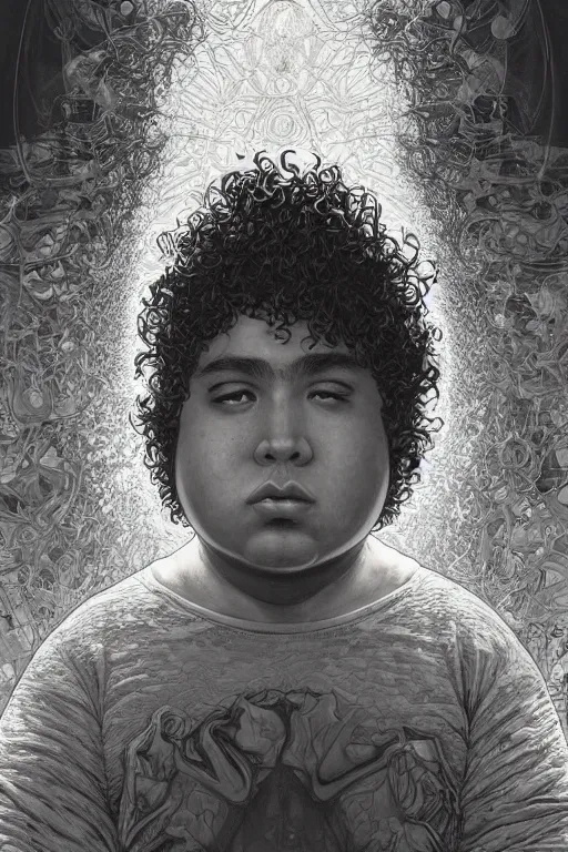 Image similar to a young chubby mexican man with curly hair, by artgerm and yoshitaka amano and moebius and hr giger and zdislaw beksinski and alphonse mucha, hyperdetailed, symmetry, glamour, surreal, dc comics, ornate, stunning, nebula, explosions in the sky, trending on artstation