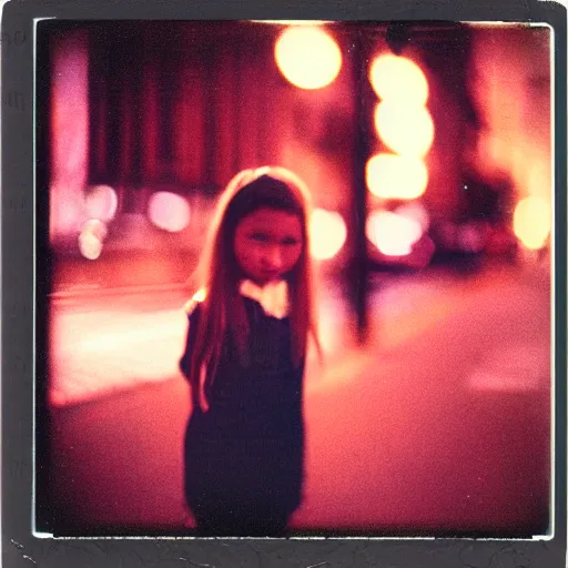 Image similar to portrait of a girl in the city street at night, bokeh, long exposure, polaroid sx - 7 0 instant film
