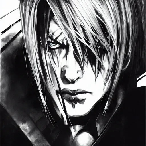 Image similar to a beautiful painting of sephiroth by yoji shinkawa, metal gear solid, strong lines, black and white, atmosphere and tension, japanese, trending on artstation