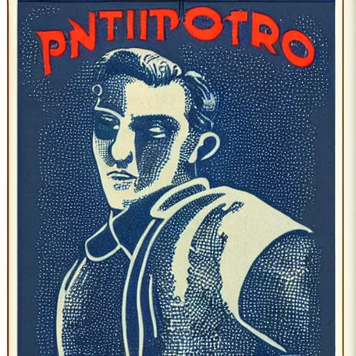 Image similar to pointillism stamp, vintage clothing poster, precise stippling, cross - hatching, a face of an old warrior, blue and red two - tone, retro label, vintage art deco, 1 9 2 0 s advert