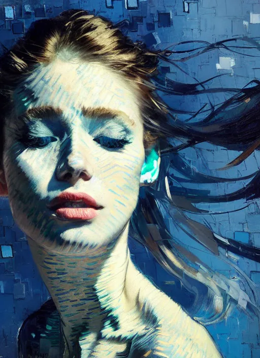 Image similar to portrait of beautiful girl, ecstatic, dancing, eyes closed, shades of blue and grey, new yotk backdrop, beautiful face, rule of thirds, intricate outfit, spotlight, by greg rutkowski, by jeremy mann, by francoise nielly, by van gogh, digital painting