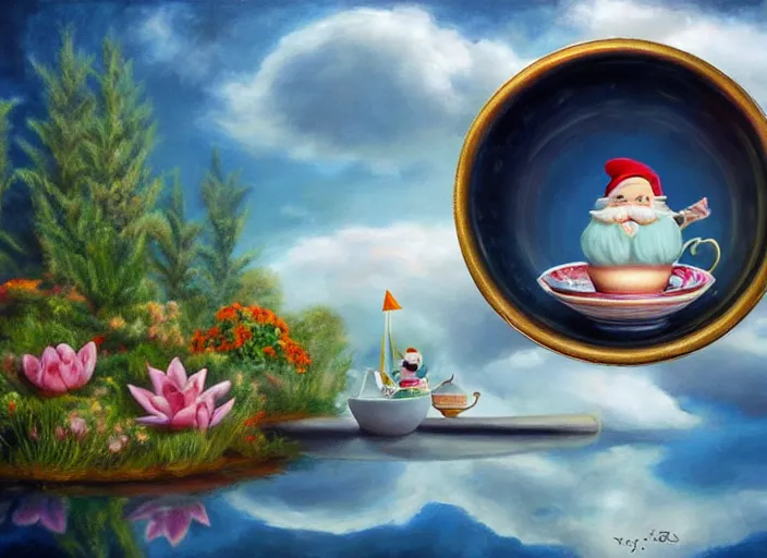 Image similar to a garden gnome sailing in a teacup, whimsical background of a reflective pond on a sunny day with dramatic clouds, an ultrafine detailed painting by mark ryden, trending on deviantart, pop surrealism, whimsical, lowbrow, joyous