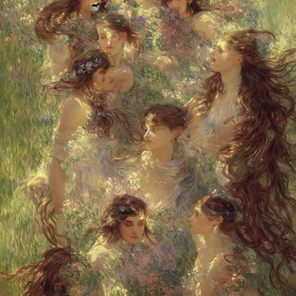 Prompt: illustration studio portrait of three beautiful seraphim female energy in artistic poses in nature, monet painterly motives and textures pattern, hyper detailed, octane render, vivid colors, artstation, by jeremy mann, by alphonse mucha, by monet