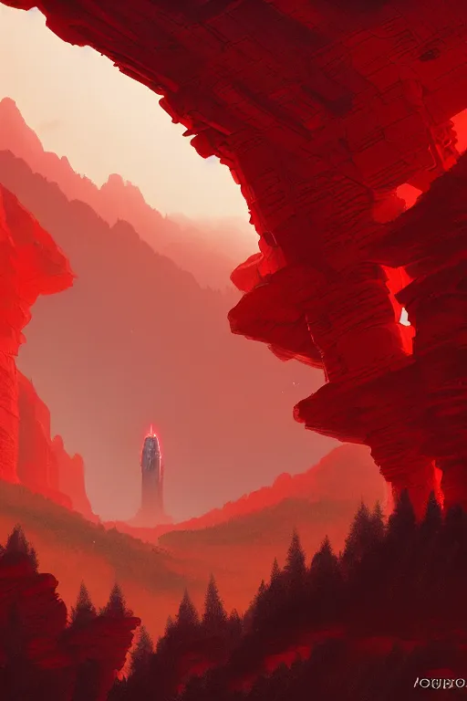 Image similar to futuristic red glowing temple overlooking a canyon, shooting stars, dramatic lighting, artstation, matte painting, ralph mcquarrie, simon stalenhag