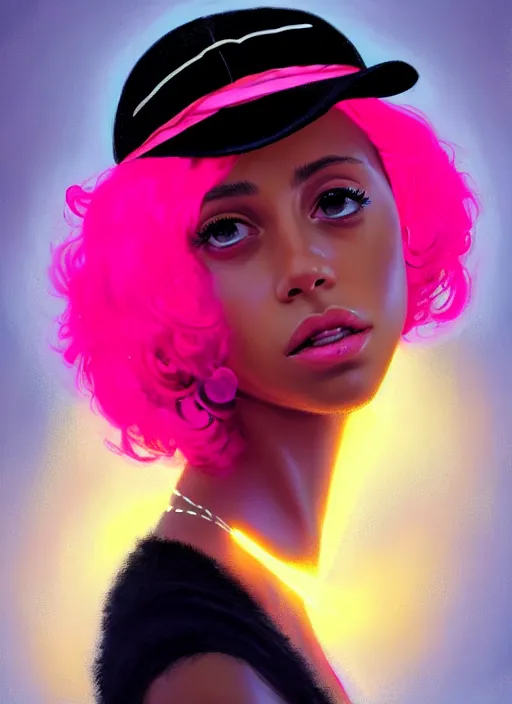 Image similar to portrait of teenage vanessa morgan with bright pink hair, black girl, vanessa morgan, curly pixie cut hair, wearing newsboy cap, newsboy cap, hoop earrings, intricate, elegant, glowing lights, highly detailed, digital painting, artstation, concept art, smooth, sharp focus, illustration, art by wlop, mars ravelo and greg rutkowski