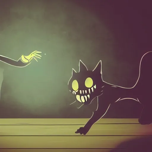 Image similar to A creepy scary looking cat emerging from the shadows while a demon dances around