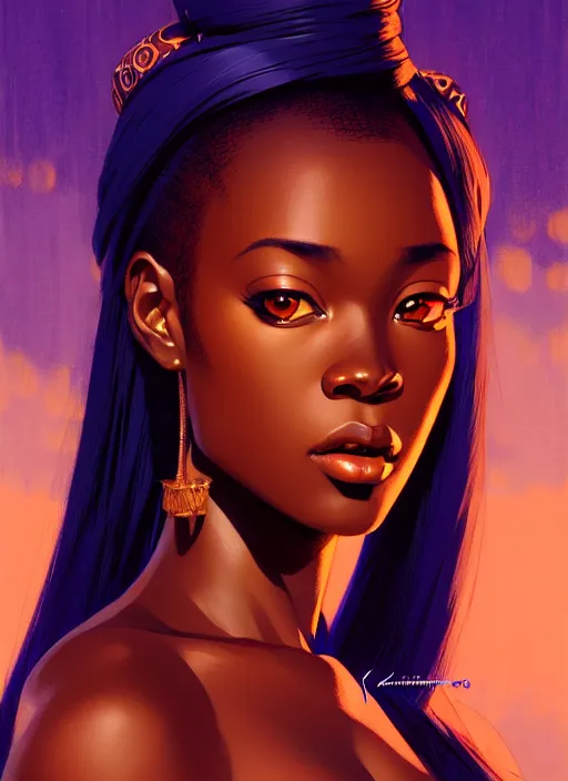 Image similar to a comic portrait of an african goddess, fine - face, realistic shaded perfect face, fine details. night setting. very anime style. realistic shaded lighting poster by ilya kuvshinov katsuhiro, magali villeneuve, artgerm, jeremy lipkin and michael garmash, rob rey and kentaro miura style, trending on art station