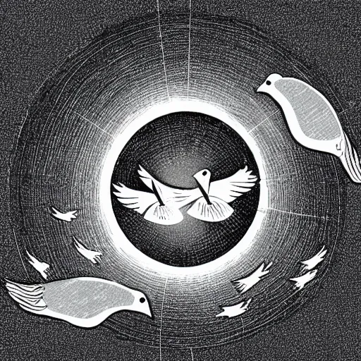 Prompt: illustration of doves flying into a portal shaped like an ear