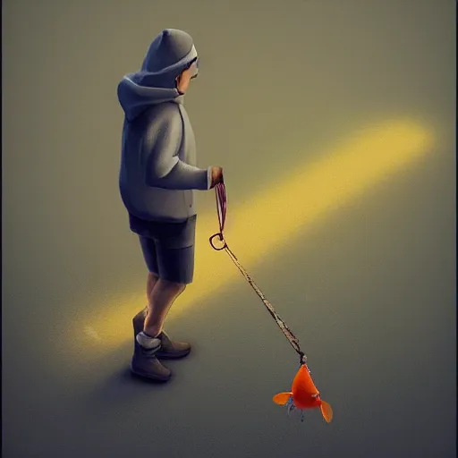 Image similar to a man taking his goldfish for a walk , concept art, trending on artstation 3D.