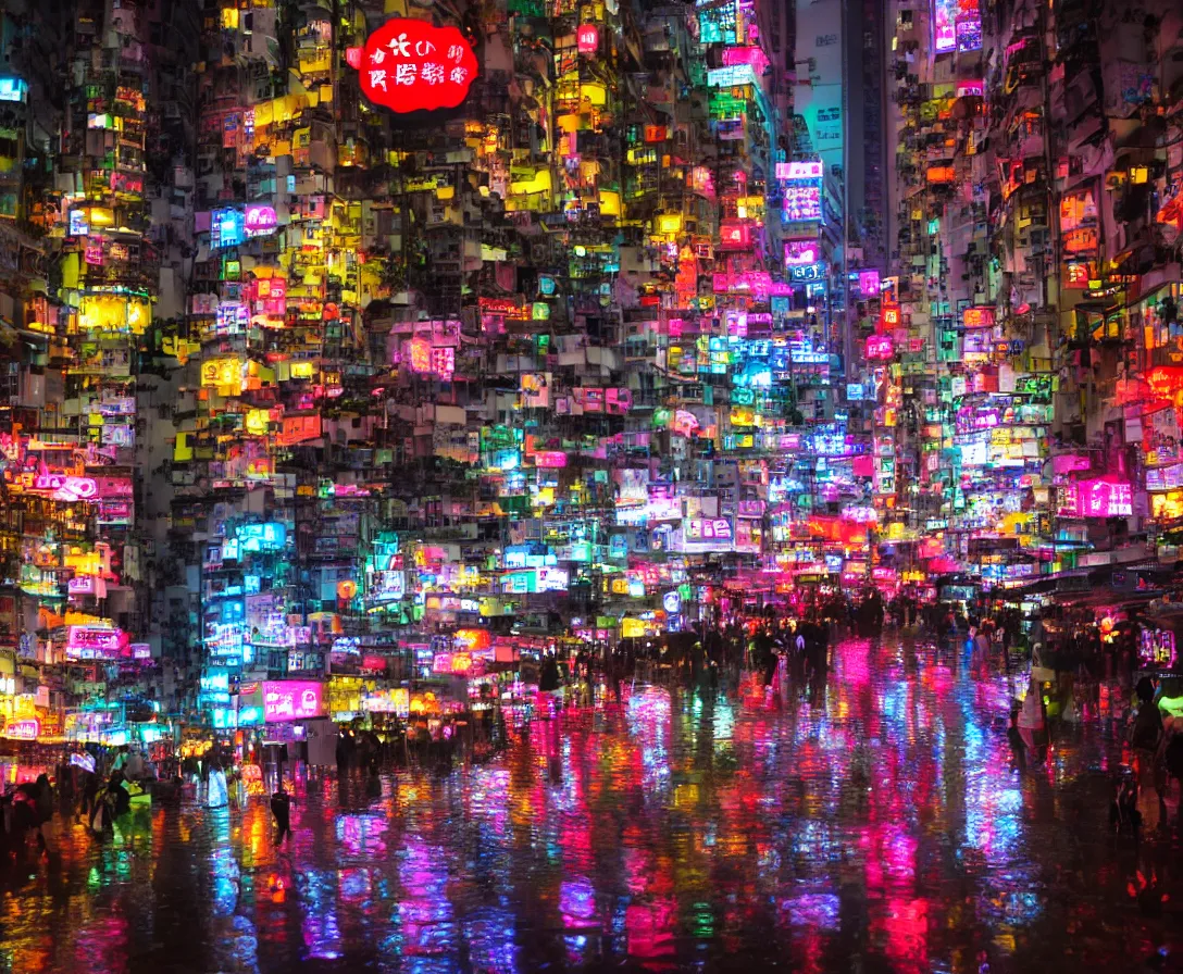 Image similar to neo hong kong, rainy atmosphere, night time, bright lights, colorful signs, busy streets, high res, kowloon | old ancient chinese website full of spam. internet explorer window is glitching out. mum wtf | cybergoth decora glitchcore yokai girl, sanrio ornaments, pastel cute cinematography