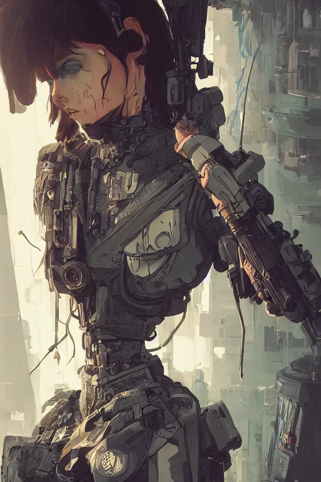 Image similar to very detailed, prophet graphic novel, ilya kuvshinov, rutkowski, simon roy, james jean, illustration of a cyberpunk military woman, colorful, deep shadows, hyperrealism, photorealistic