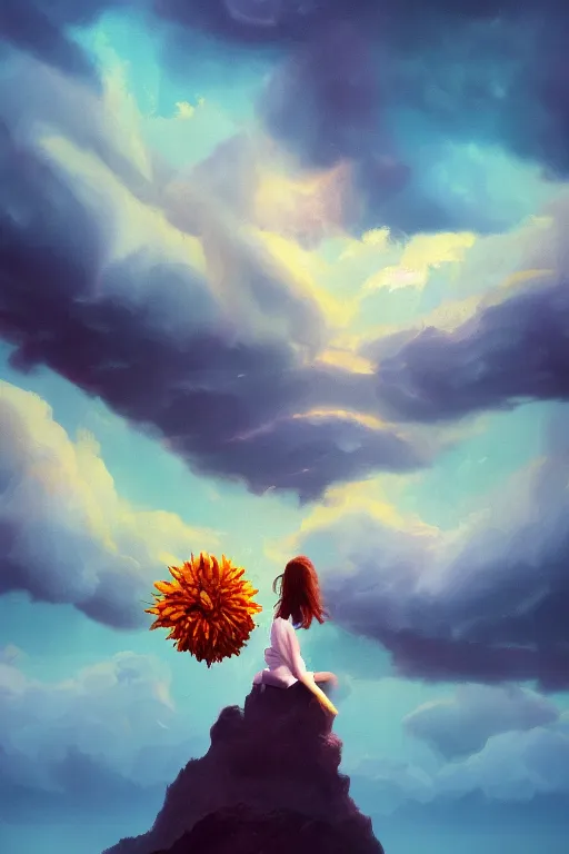 Image similar to closeup perspective, giant dahlia flower over the head, girl standing on mountain, surreal photography, blue storm clouds, dramatic light, impressionist painting, digital painting, artstation, simon stalenhag