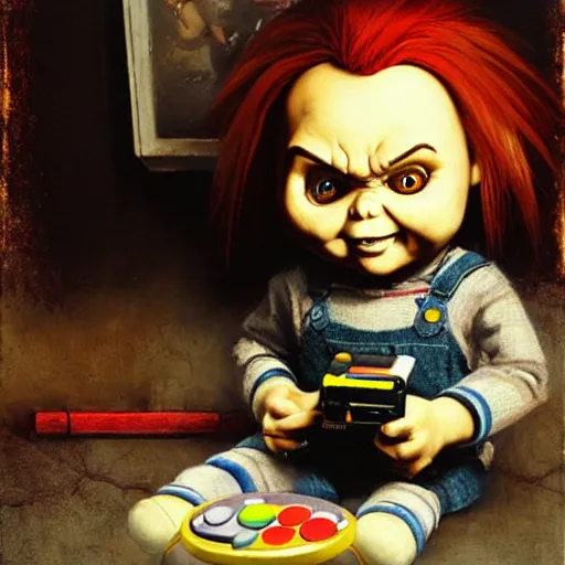 Prompt: the doll chucky playing super nintendo, oil painting, by greg rutkowski