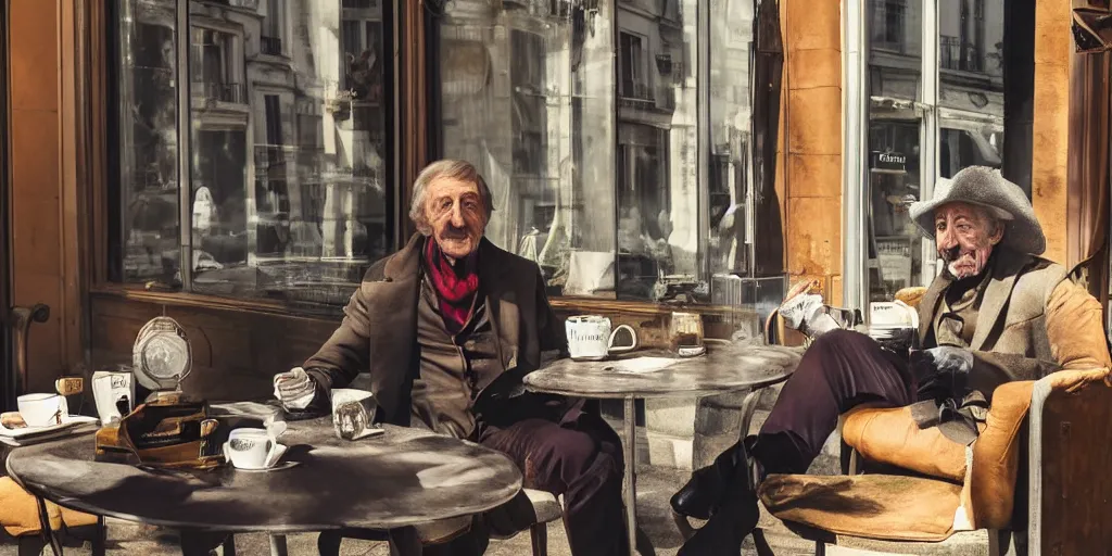 Prompt: mcgregor and jean rochefort are having a coffee. they are on nice conversation. a brown furry cat sits at the middle of the table. strong colours. nice atmosphere. 2 0 th century paris is seen on window. tobacco smoke. antique coffee cups.