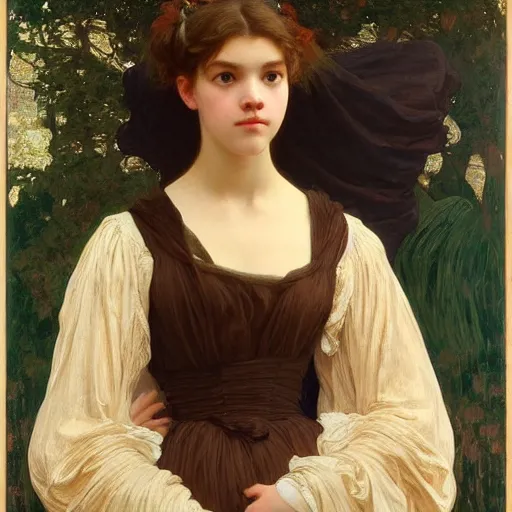 Prompt: a realistic face portrait of a teenage girl who looks lie Uma Thurmond and Anya Taylor Joy with an anxious expression and parted lips, wearing a nightgown, by Frederic Leighton, Alphonse Mucha, Edward Burne Jones