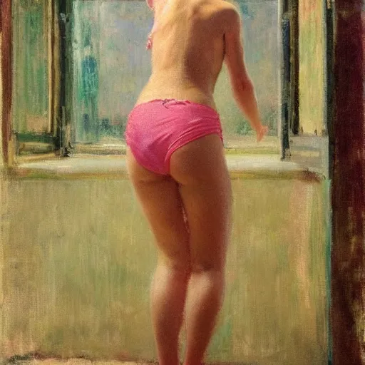 Prompt: A woman looking through a rainy window, back view, wide shot, pink string bikini, modest, 1950s, americana, award-winning, warm colors, by Ilya Repin, deviantart
