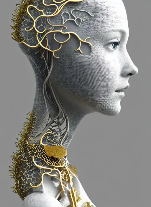 Image similar to complex 3d render ultra detailed of a beautiful porcelain profile woman face, mechanical cyborg, 150 mm, beautiful natural soft light, rim light, silver gold details, ghost orchid big leaves and stems, roots, fine foliage lace, maze like, mesh wire, white metal neocubism armor, intricate details, hyperrealistic, ultra detailed, mandelbrot fractal, anatomical, red lips, facial muscles, cable wires, microchip, elegant, octane render, H.R. Giger style, 8k