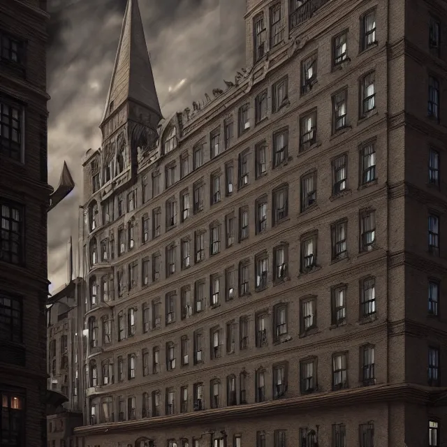Image similar to photorealistic painting of a 1 9 2 0 s gothic style hotel in downtown boston, overlooking a dark street, architectural, atmospheric lighting, brooding, painted, intricate, ultra detailed, well composed, best on artstation, cgsociety, epic, horror, stunning, gorgeous, intricate detail, much wow, masterpiece, cinematic aesthetic octane render, 8 k hd resolution,