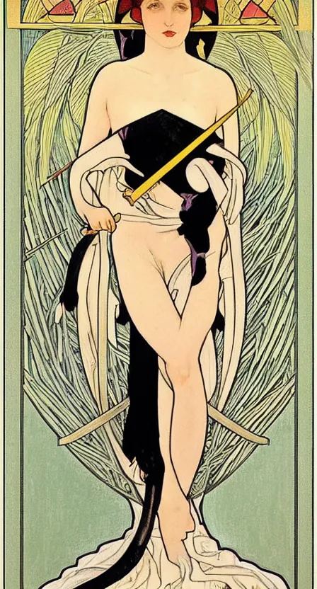 Image similar to an art deco tarot card of the grim reaper with a scythe, digital painting by tamara de lempika and an elegant border by alphonse mucha.