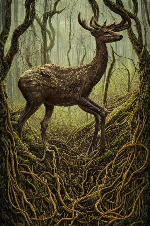 Image similar to deformed swamp deer twisted in vines and sludge by tomasz alen kopera.