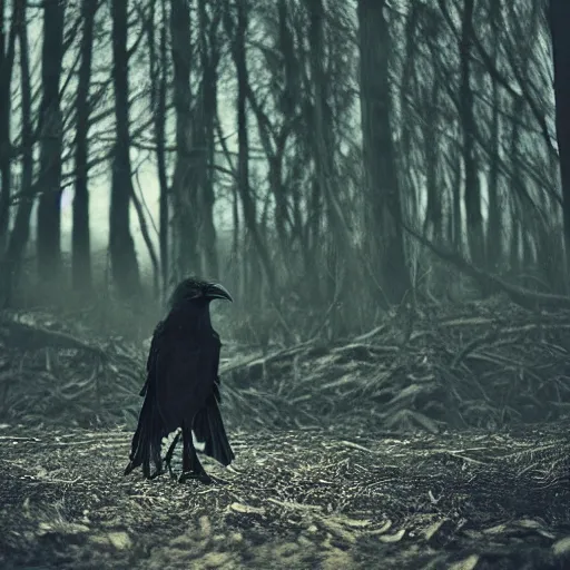 Image similar to werecreature consisting of a crow and a human, photograph captured in a dark forest