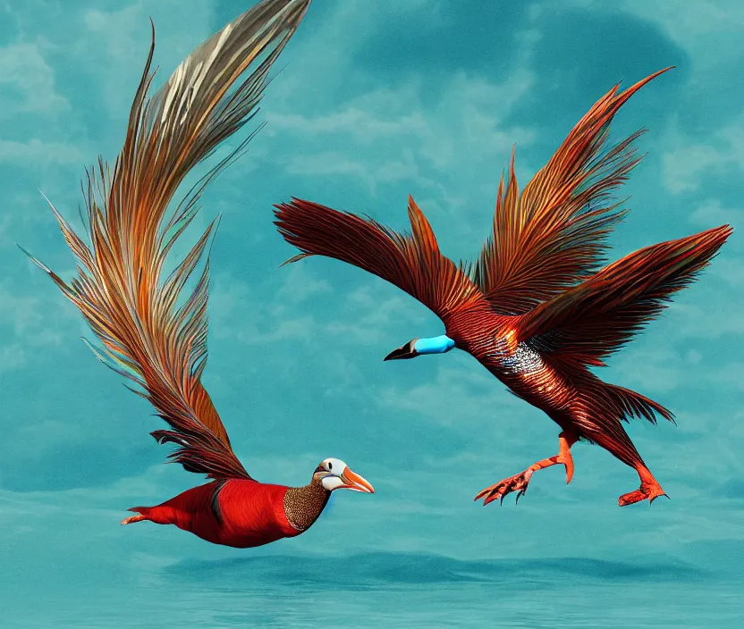 Image similar to a realistic photo of a semi - translucent bird water creature in action, feathers exotic morphing hoopoe, pheasant merged sky animal, atlantic puffin, turaco morphing chicken, water sea lake underwater, clear, global illumination, refraction, king vulture head, displacement map, bump map, normal map