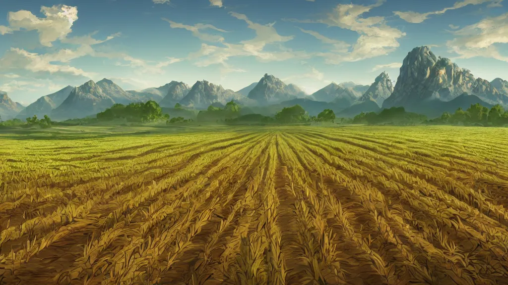 Prompt: immaculate rows of crops, distant mountains in the background, digital 2d fantasy art